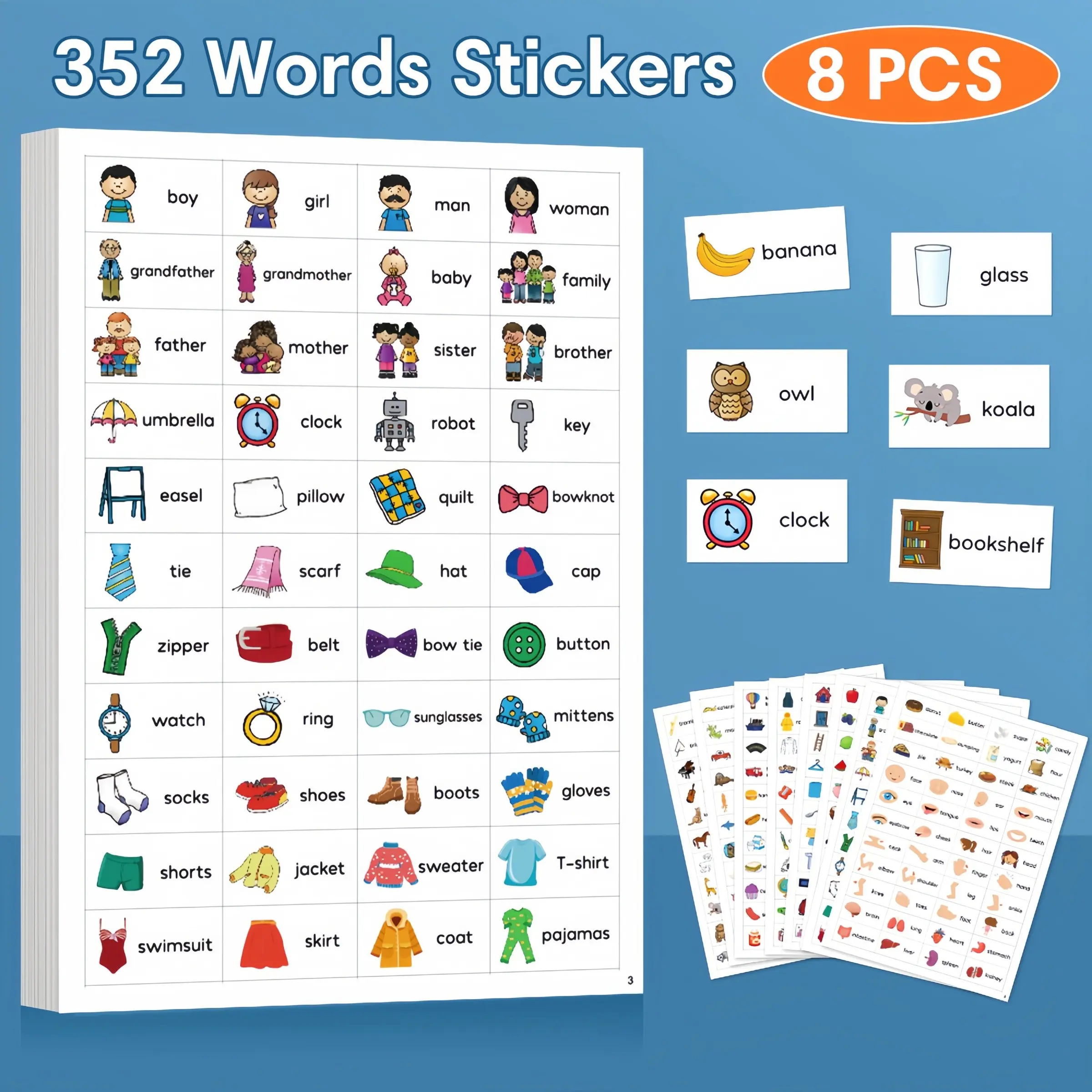 352pcs English Word Stickers Set, 8 Sheets Character Stationery Fruit Animal Furniture Cognitive Teaching Aids, Kids Early Education Learning Tools