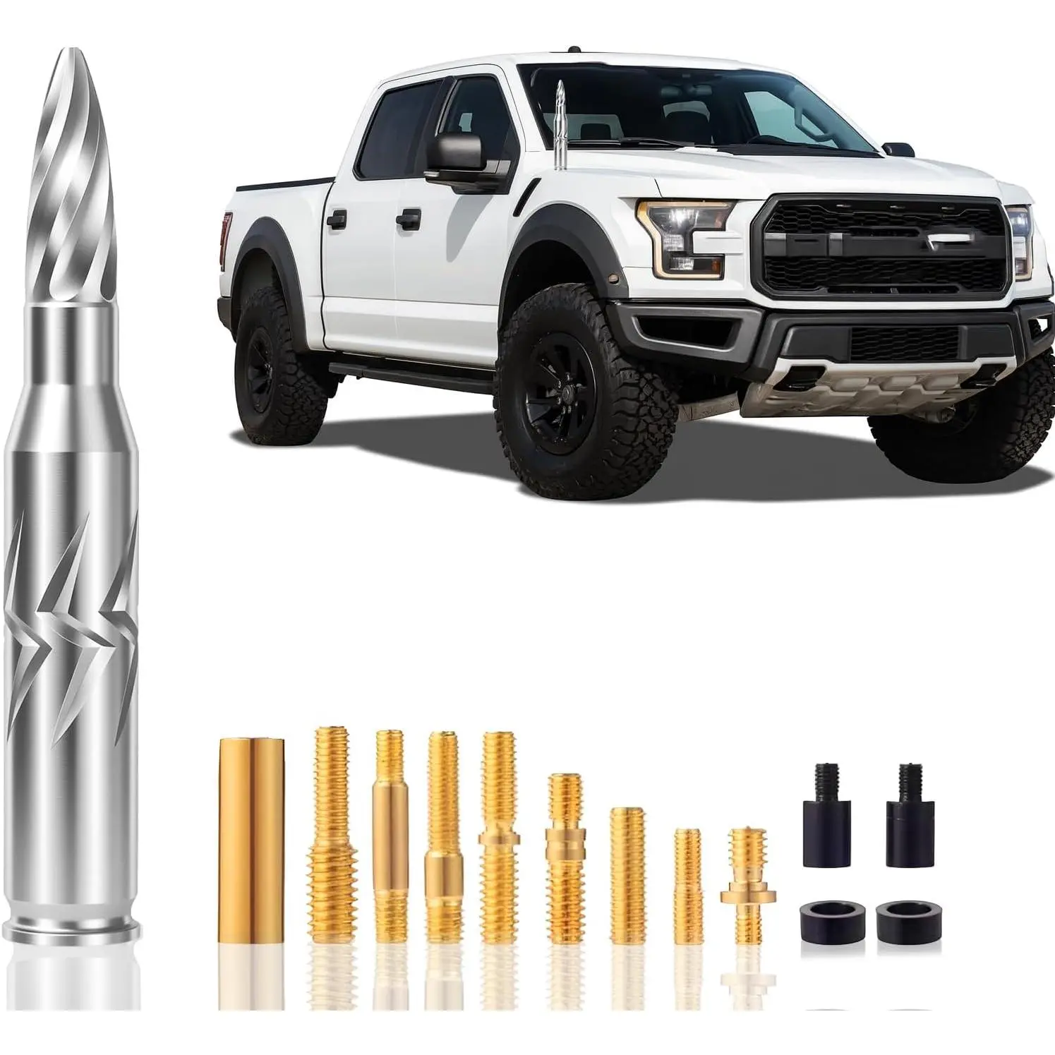 5.5in Chrome Bullet Antenna 50 Cal Truck Antenna Fittings, Fit for Ford F150 F250 F350 Raptor/Dodge RAM 1500 2500 3500/Chevrolet Silverado & GMC Majority Short Replacement Antenna (Chrome)