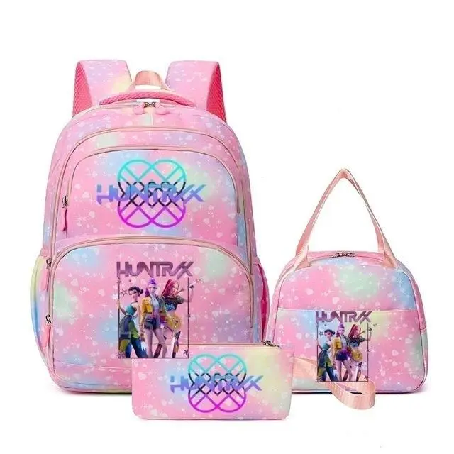 17‑Inch Multi‑Layer Zipper KPOP Cartoon Print 3‑Piece Backpack Set, Pink Rainbow Gradient Heart Star Pattern School Backpack, Lunch Handbag and Pencil Pouch Kit for Teen Girls
