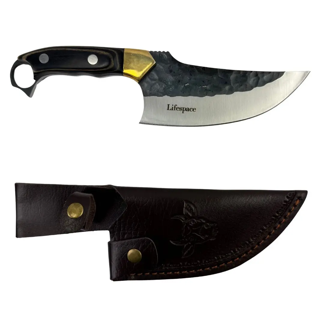 Lifespace 6-in Steel Blade Curved Kitchen Cleaver with Finger Ring, Pakka Wooden Handle and Embossed Sheath