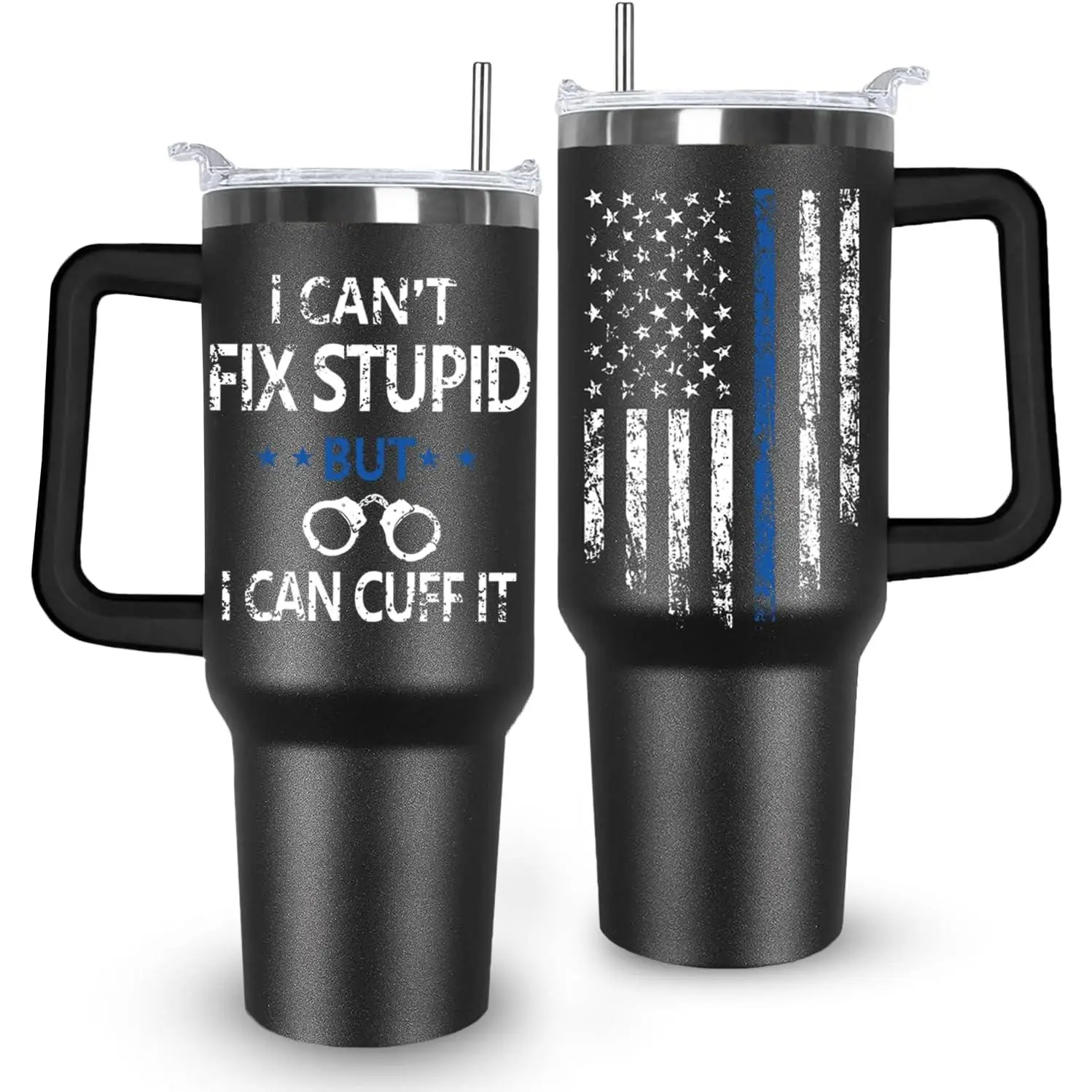 Ceovfoi 40 oz Sturdy Stainless Steel Vacuum Thermal Flask Tumbler - Portable with Handle, Lid, Straw, American Flag Blue Line Design, Gift for Dad, Grandpa, Men's Stuff