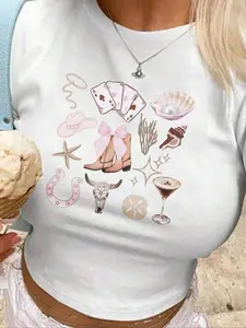 Women's Cowboy Boots & Hat Print Round Neck Crop Tee, Fashion Casual Crew Neck Short Sleeve T-Shirt for Daily Holiday Vacation Outdoor Wear, Ladies Summer Clothes