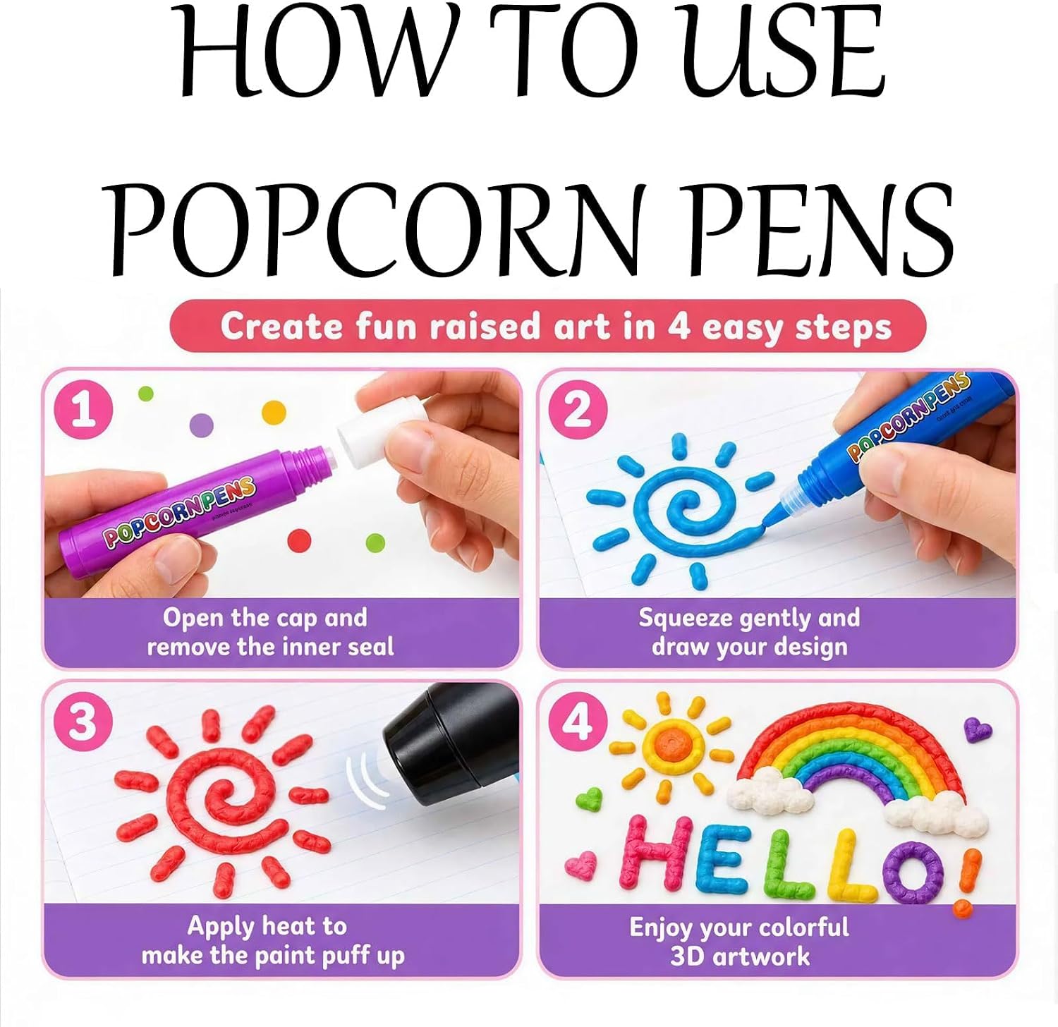 12 PCS Popcorn Pens, Puffy 3D Bubble Paint Markers with Relief Texture Effect, Vibrant Color DIY Craft Pens for Scrapbooking, Drawing, Art Projects, Classroom Activities, Creative Kids Crafts & Gifts