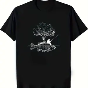 Minimal Carp Fishing Art Graphic 100% Cotton Round Neck Unisex Tops Tees T‑Shirts, Fishing Enthusiast Gifts