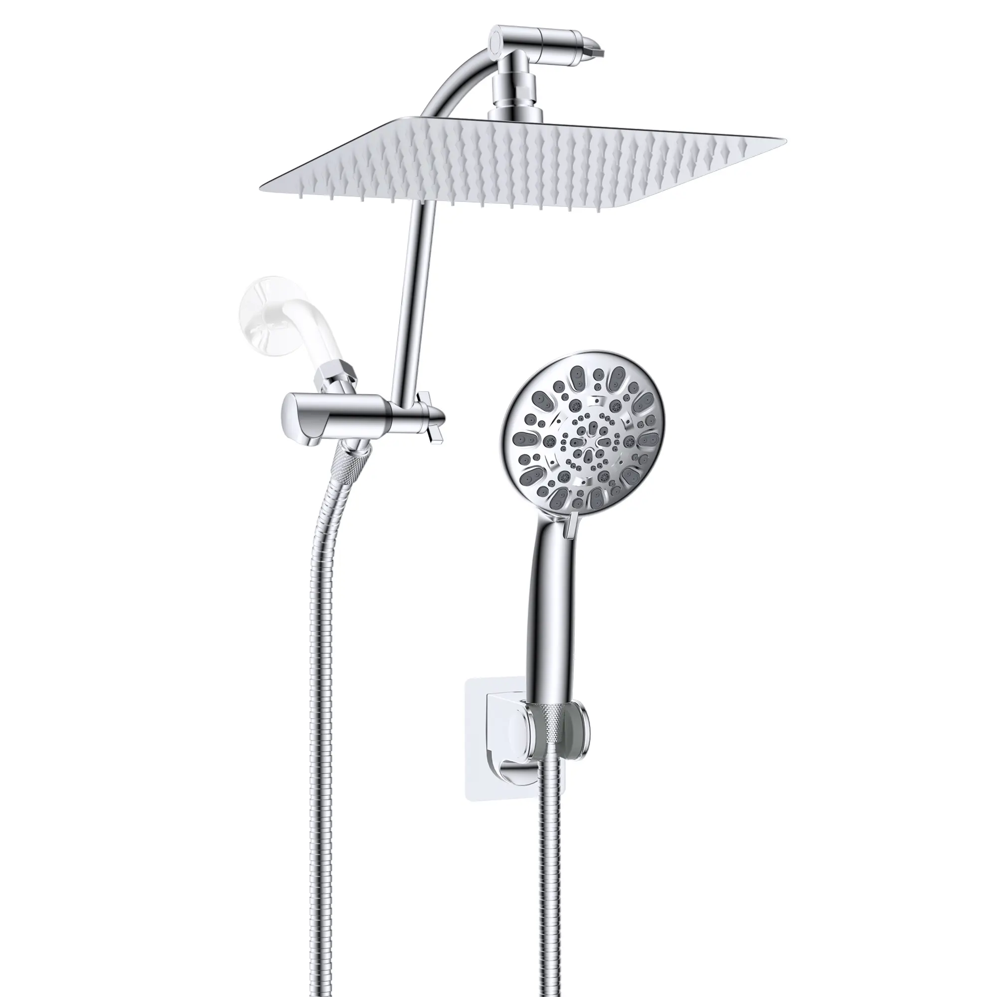 Chrome Finish All-Metal High-Pressure Rainfall Shower Head & Multi-Function Handheld Showers Combo - 10-in Size, 16-in Adjustable Arc-Shaped Extension Arm, 7-Spray Settings, 71-in Hose, Adhesive Holder, Father's Day Gift