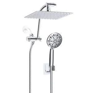 All Metal 10-in High Pressure Rain Shower Head with Handheld Combo, 16-in Adjustable Arc-Shaped Shower Extension Arm, 7-Spray Settings, 71-in Hose and Adhesive Showerhead Holder, Chrome