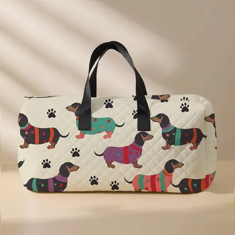 Cute  Quilted Dog Pattern Duffle Bag, Large Capacity Travel Bag, Portable Overnight Bag with Shoe Storage, Fashionable Travel Bag for Women & Men, Duffel Bag