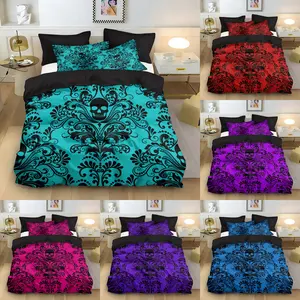 Gothic Skull Pattern Bedding Set, 3pcs (1 Fitted Sheet + 2 Pillowcases), Vintage Floral Design, Dark and Luxurious, Unique Aesthetic
