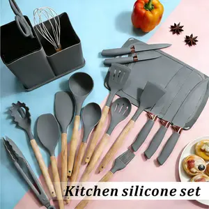 SpringBreak Kitchen Knife Set with Heat-Resistant Silicone Cutlery & Wooden Handles - Includes Chef Knife, Easy to Clean - Ideal Gift for Women on New Year, Valentine's Day and More Cookware Pink Utensils Cooking pots pans set Modern Home Grey Nonstick
