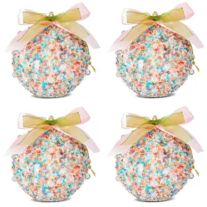 Holiday Time Multicolor Bead and Sequin Christmas Ornaments 4 Count Set with Ribbon Bows for Candy Land or Whimsical Themes Christmas Tree Decor
