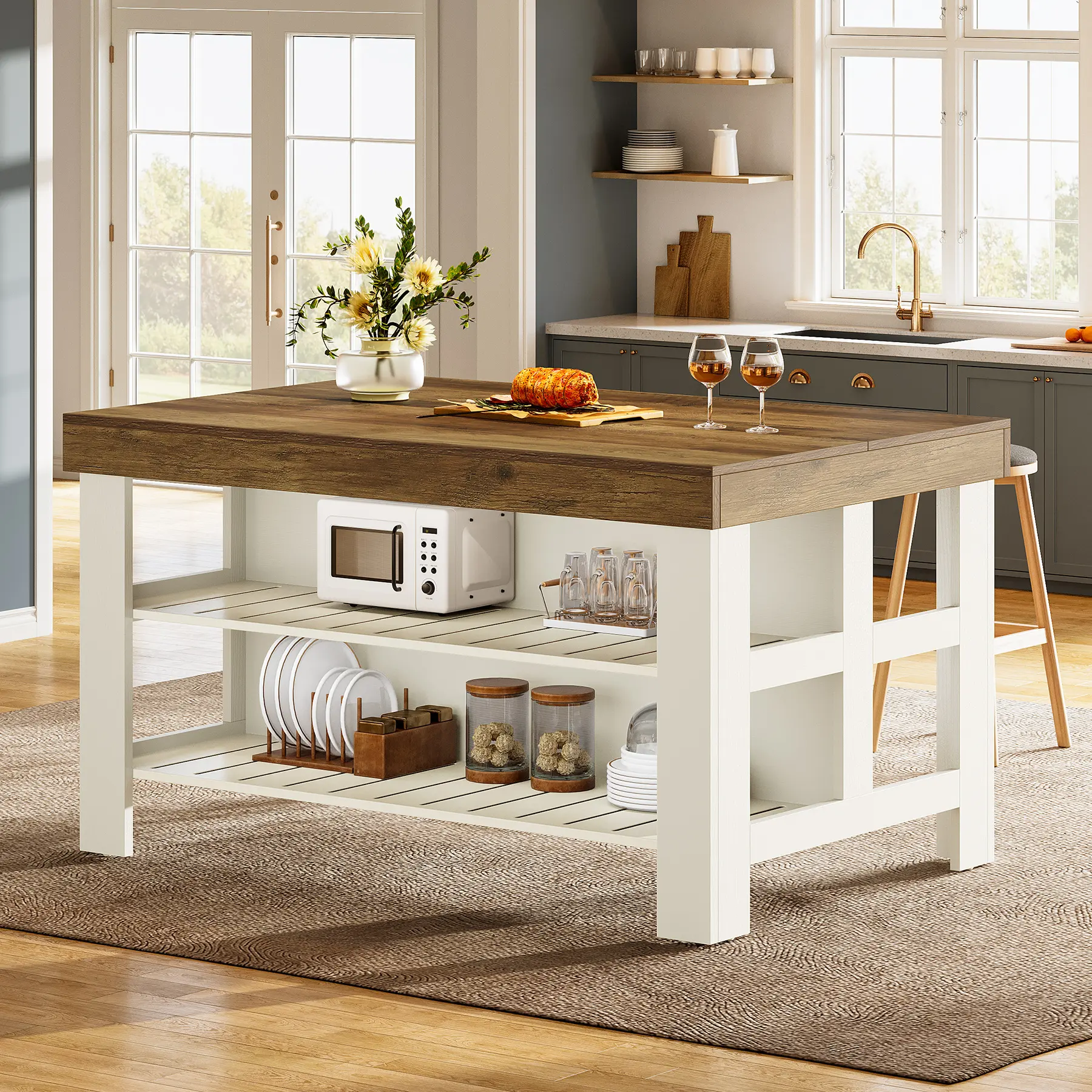 Tribesigns Sturdy Farmhouse Kitchen Island with 2-Seat Breakfast Counter (55.1x31.5in), Interior Storage & Shelves, Indoor Dining Room Cupboard Furniture