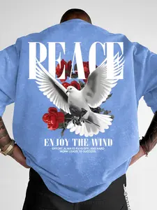 Men's "PEACE Enjoy The Wind" Washed Graphic Dove & Rose Print T-Shirt, Streetwear Casual Short Sleeve Tee, Loose Fit #PeaceDoveTee #RosePrintTee #WashedStreetwear #CasualTops #TikTokMadeMeBuyIt