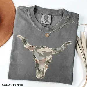 Comfort Colors Camo Longhorn Skull Shirt (Print, not embroidery), Western Cow Skull Patchwork Tee, Quilted Gingham Floral Rustic Cow Shirt, Farm Animal Graphic Tee, Printed Shirt