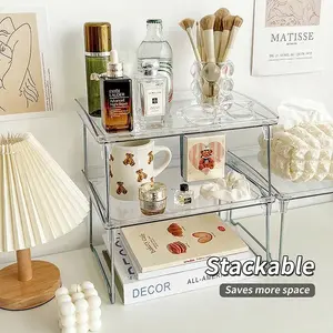 Transparent Foldable Desktop Storage Rack, Acrylic Cosmetics & Kitchen Seasoning Organizer, Stackable Office Storage Solution