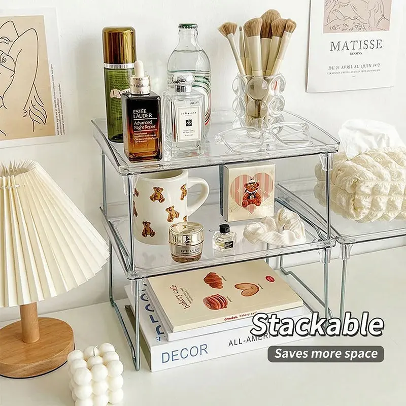 Transparent Foldable Desktop Storage Rack, Acrylic Cosmetics & Kitchen Seasoning Organizer, Stackable Office Storage Solution, Stackable Home Organizer