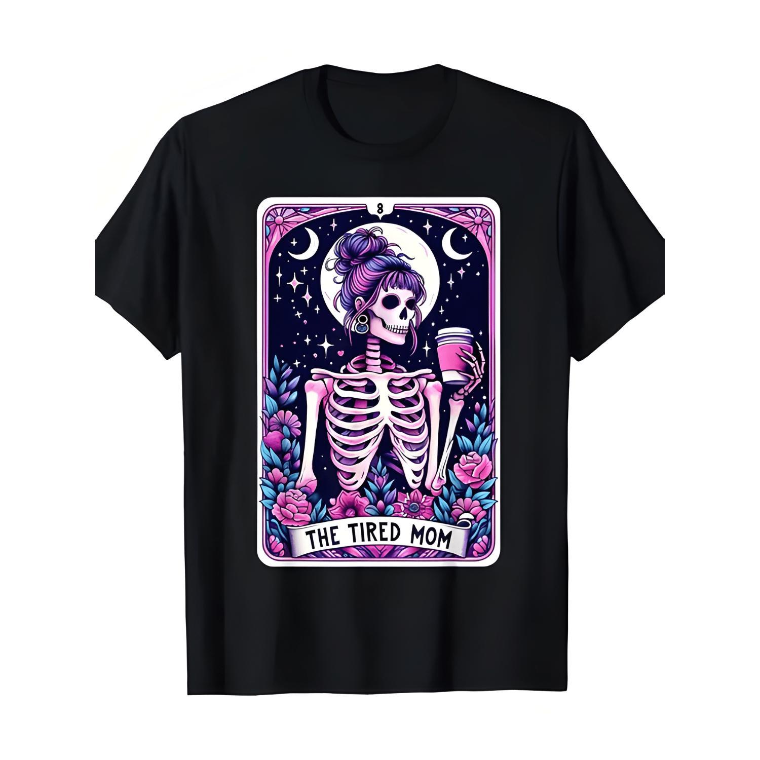 Funny Skeleton Mom T Shirt Gothic Boho Witchy Coffee Lover Tee Tired Mom Card Design Halloween Mothers Day Gifts Soft Casual Top for Moms