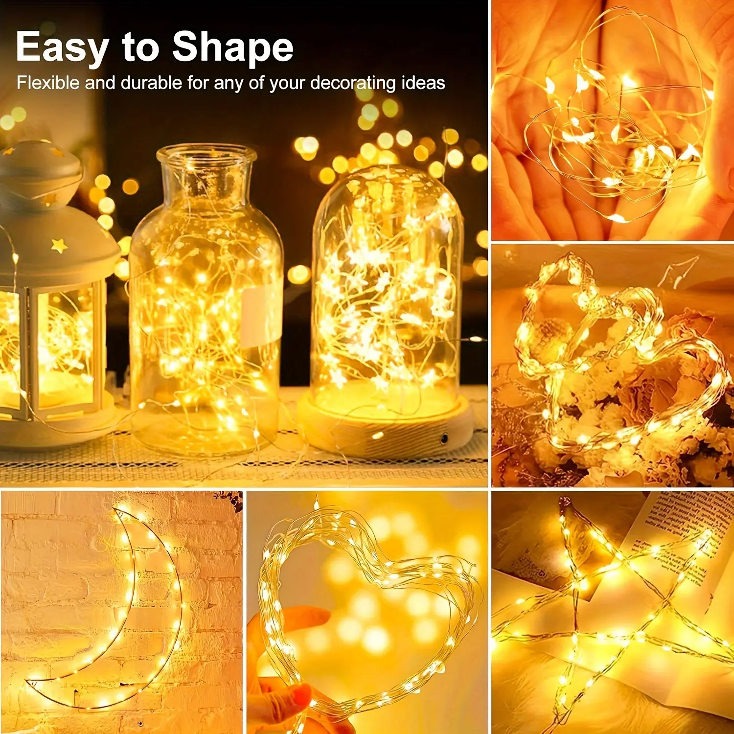 30/100 pack LED fairy string lights powered by batteries — 6.5 ft silver wire with 20 LEDs, fairy star and moon light; suitable for DIY handmade wedding table decorations, parties, bedroom Christmas decor, room arrangement, Halloween decorations