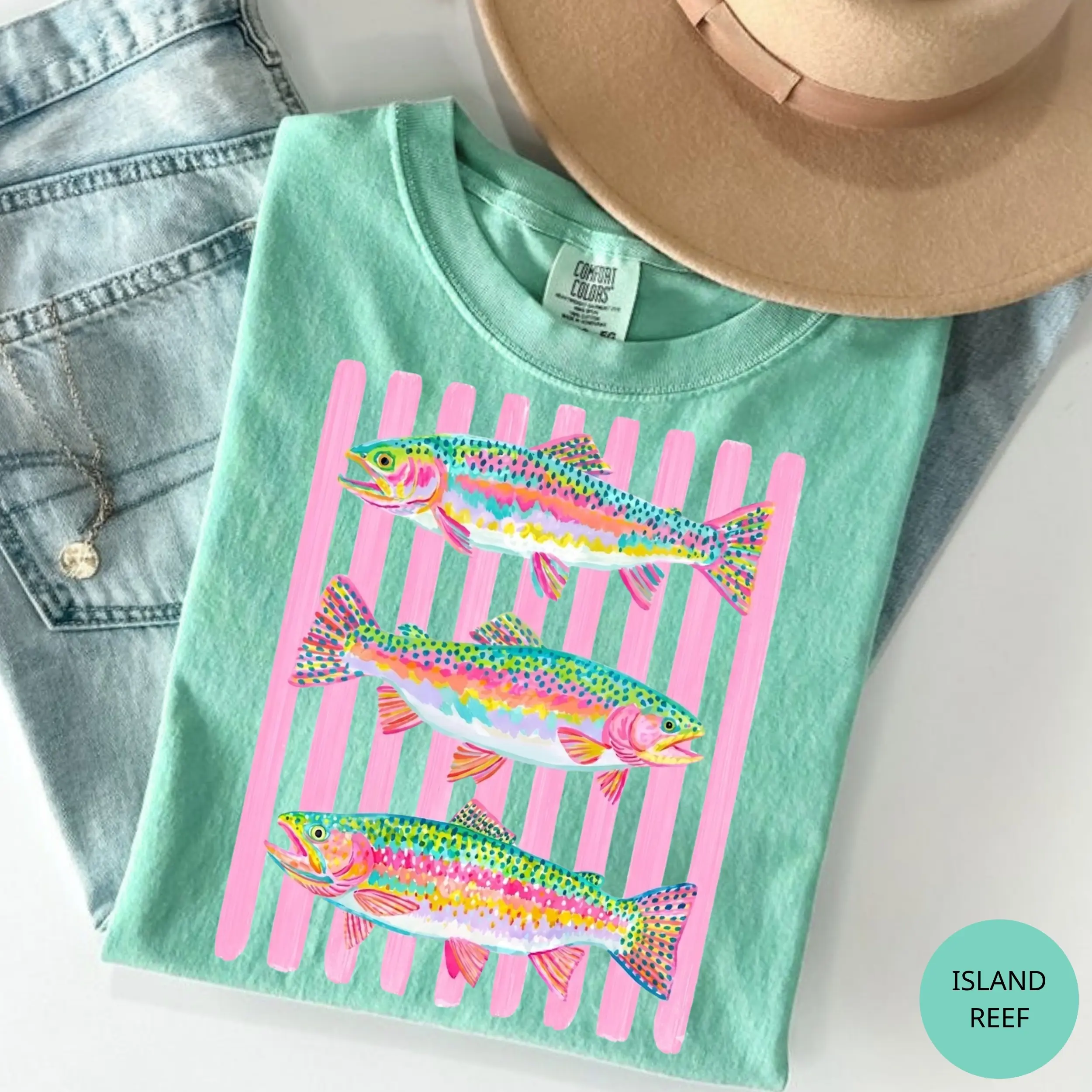 Comfort Colors Colorful Trout Tee, Retro Fishing Shirt, Preppy Rainbow Fish Shirt Gift for Her, Cotton Fabric