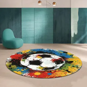 Round Soccer Pattern Rug, Creative Colorful Football Themed Floor Mat, Decorative Carpet for Home Living Room Bedroom Study Room