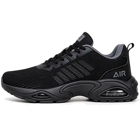 Men's 3D-Knit Black Work Shoes, Dual Air Cushion Walking Sneakers, Mesh Upper Lightweight Casual Athletic Shoes, Stretch Fit Full Foot Coverage, Non‑Slip Wear‑Resistant Rubber Outsole for All‑Day Wear