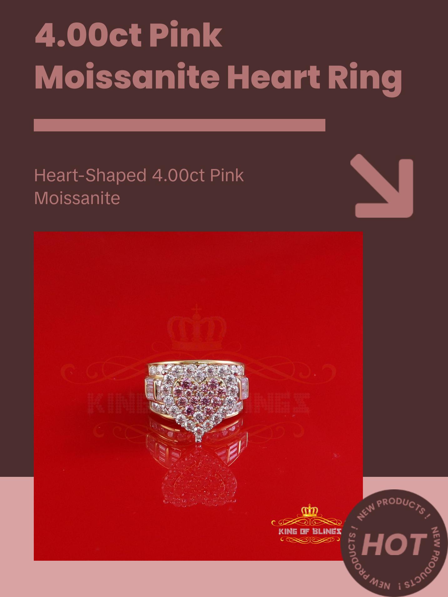 King Of Bling's Women's 4.00ct 925 Silver VVS D Pink Moissanite Yellow Cinderella HEART Ring SZ 8