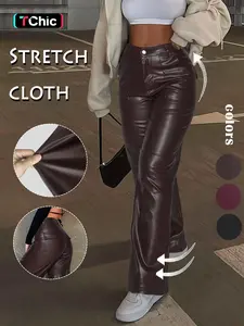 GILIPUR Y2K Women's Pocket Button Fly Pu Leather Casual Loose Pants, Casual Streetwear Trousers, Fitted Aesthetic High Waist Trousers For Daily Outdoor Wear, Casual Comfy Trousers For Women