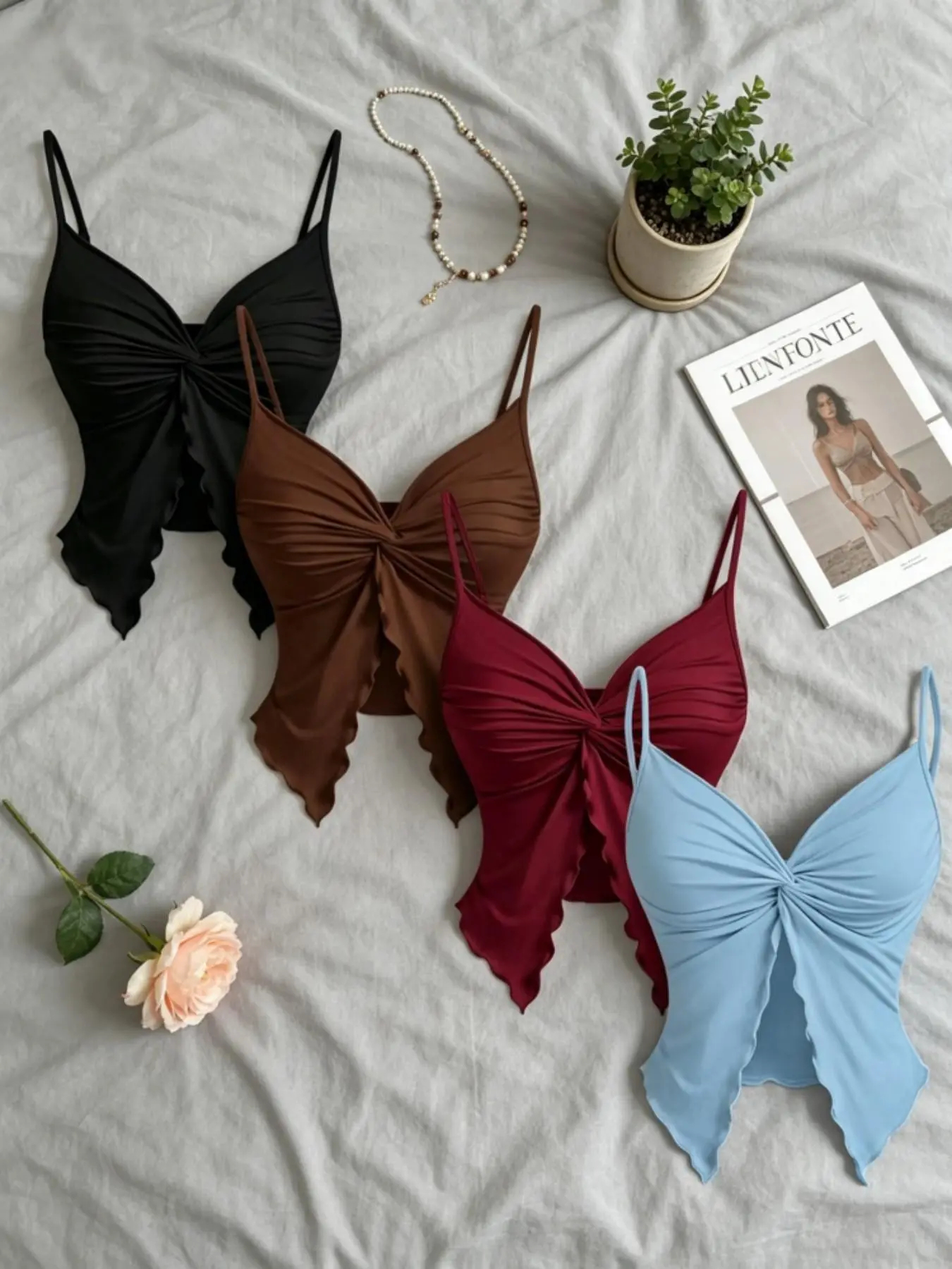 Summer Butterfly Knot Irregular Hem Outerwear Hot Girl Women Spaghetti Strap Cami Tank Top Underwear 4-Piece Set, Basic, Stylish, Aesthetic and Trendy Summer, Perfect for Casual Wear