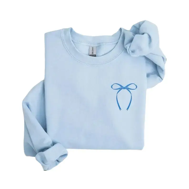 Women's Casual Cotton Round Neck Left Pocket Sweatshirt, Cute Bow Crewneck Tops, Coquette Gift for Her - TrendWear USA, Lady