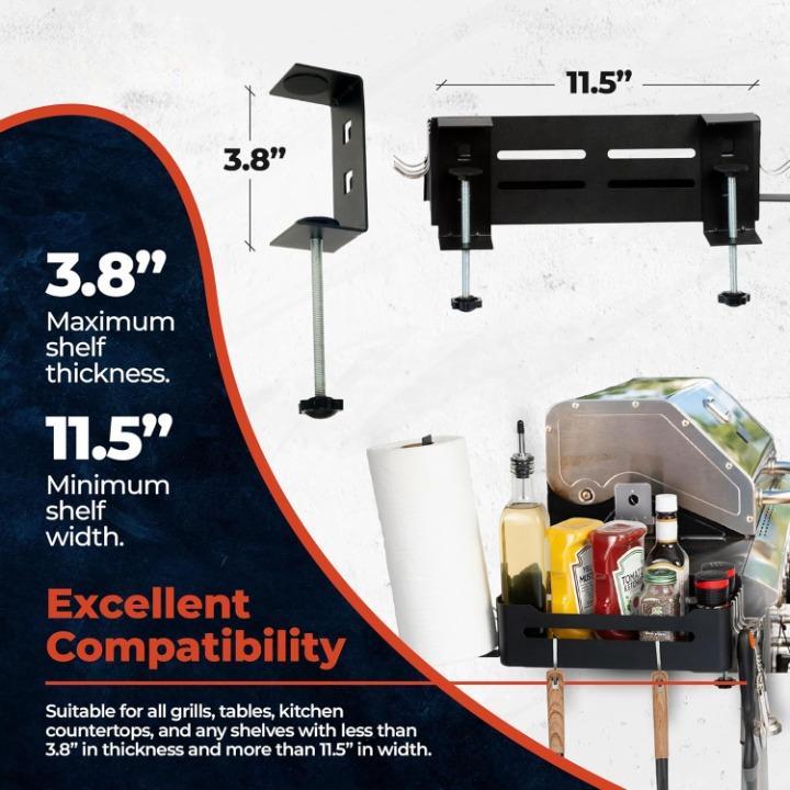 Heavy Duty Griddle Caddy for Blackstone & Prep Cart, Side Shelf Organizer with Paper Towel Holder, Space Saving BBQ Grill Accessory Storage Box with 6 J-Hooks