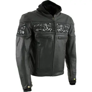 Milwaukee Leather Men's Premium Leather Motorcycle Jacket w/ Removable Hoodie and Reflective Skull Design