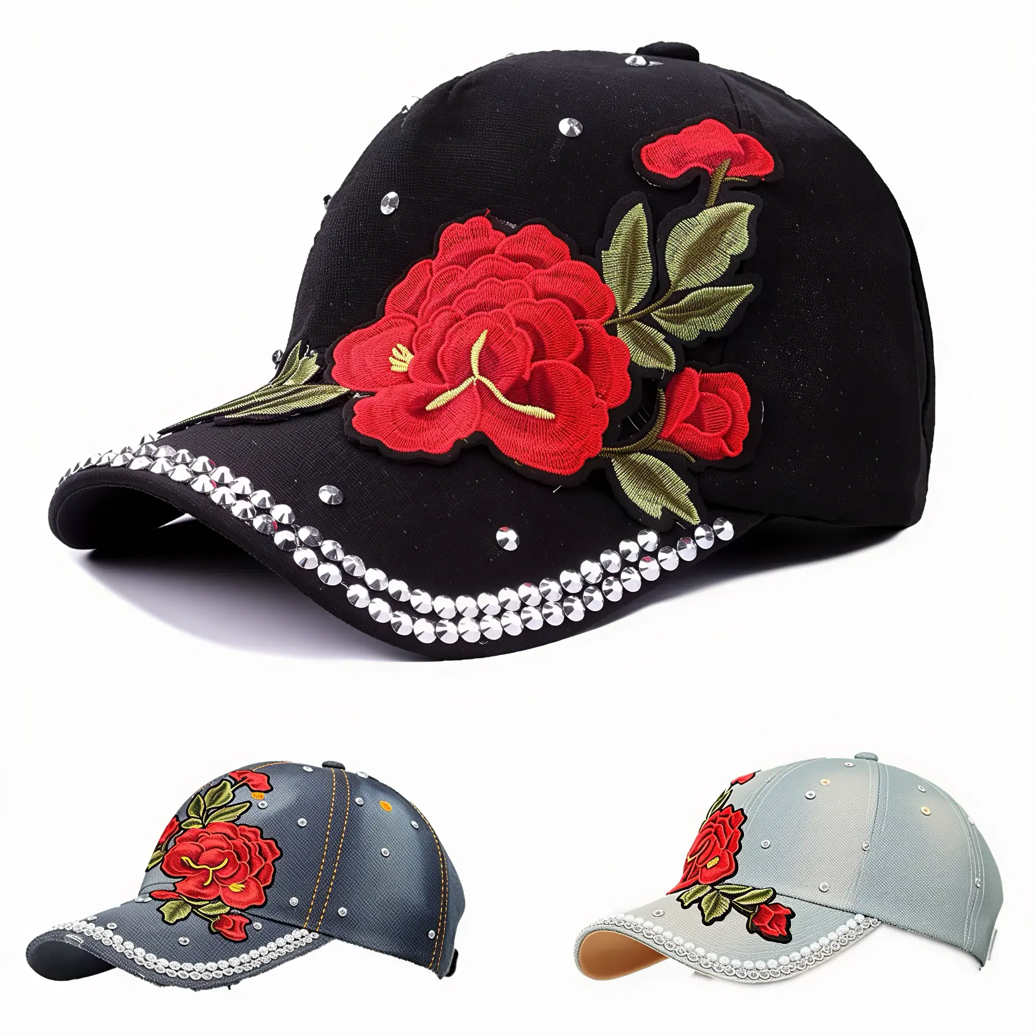 Women's Bling Rhinestone Flower Denim Sun Hat - Adjustable Fashion Snapback for Daily Outdoor Use, Fitted Snapback Hats, High Quality Hat, Rhinestone Hats
