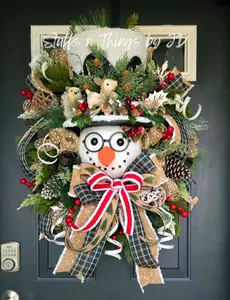 Rustic Snowman Christmas Wreath with Glasses – Holiday Seasonal Door Wreath with Pinecones & Woodland Accents