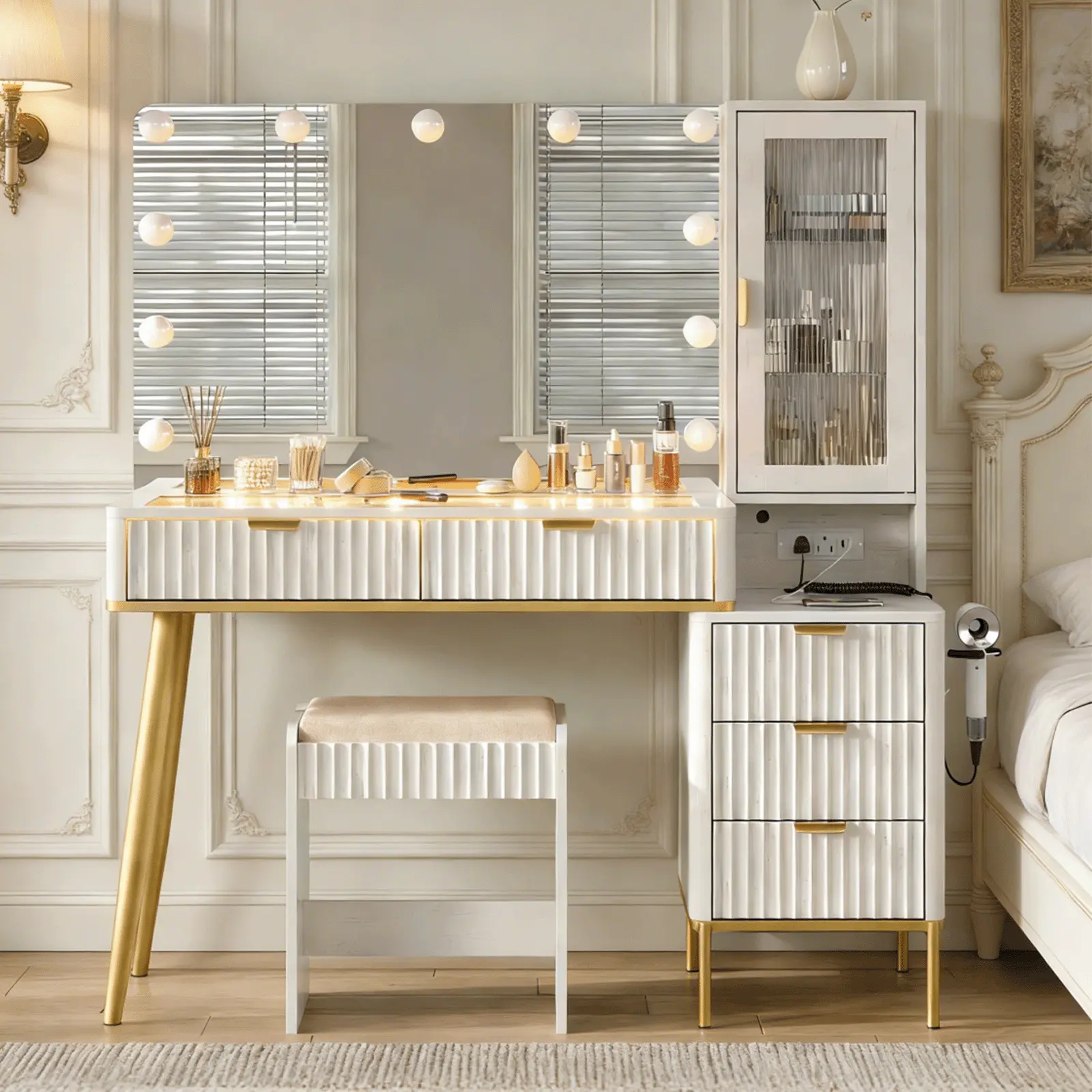 CollaredEagle 36" Sturdy Metal Fluted Backlit LED Vanity Desk with Mirror - RGB Glass Top, Power Outlet, 11 Lights, 5 Large Storage Drawers, Adjustable LED Lighting, White Contemporary Adjustable Bedroom Dressing Table with Mirror Cabinets