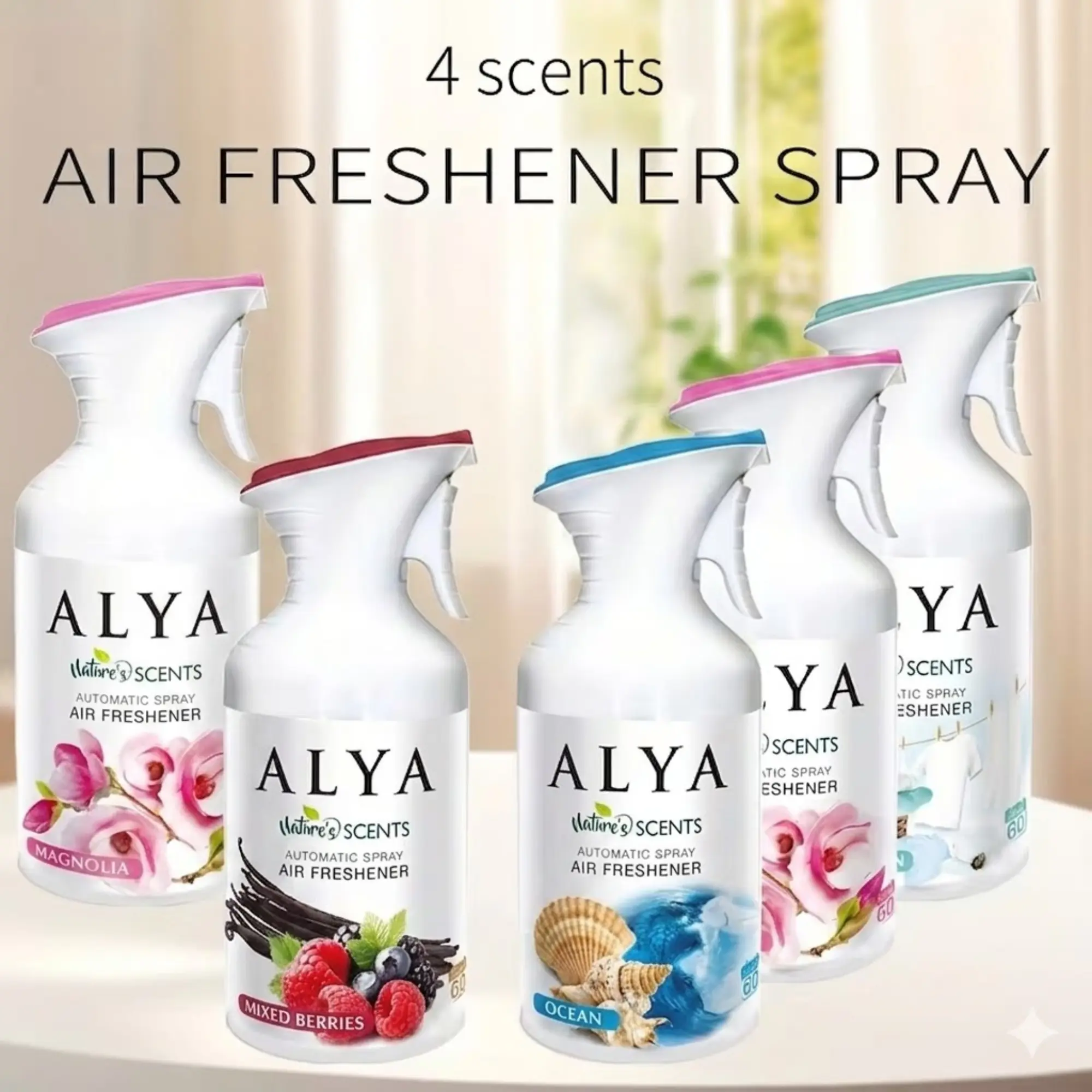 ALYA Nature Scents Aerosol Air Freshener Spray Set – Cool Linen, Magnolia, Ocean & Mixed Berries Fragrance 5.5oz