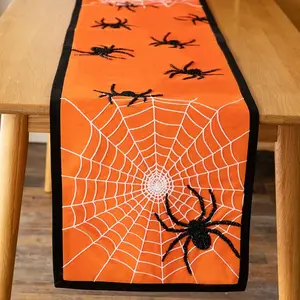 Orange Spider Web Halloween Table Runner , Size 15*72 Inches
