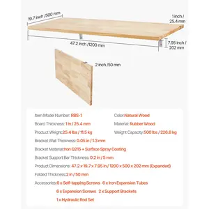 VEVOR Wall Mounted Folding Table, 47.2x 19.7 inches Wall Mount Table, Floating Desk with Iron Bracket, Fold Down Desk for Small Spaces, Home Office, Dining, Laundry Room, Kitchen, Bar, Burlywood