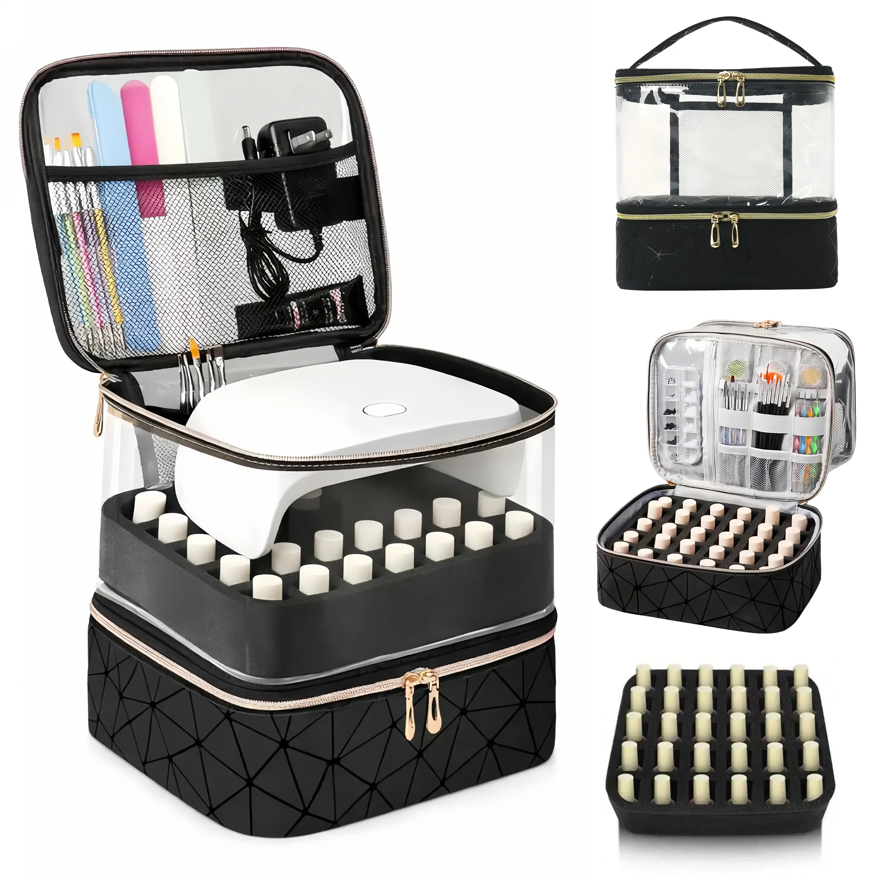 Professional Double Layer Nail Polish Organizer Bag Holds 60 Bottles & UV Lamp Water-Resistant Nylon Travel Case Portable Cosmetic Makeup Train Case Manicure Tools Storage Adjustable Dividers Minimalist Quilted Jewelry Box Girlfriend Valentine's Gift