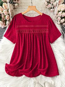 【Plus Size】 Swiss Dot Solid Color Fitted Woven Blouse, Casual Short Sleeve Round Neck T-shirt for Summer, Women's Plus Clothing for Daily Wear