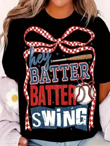 Women's Retro Baseball Pattern T-Shirt- 70s-80s Retro Style "Hey BATTER BATTER SWING" Print with Stars and Stripes Elements, A-Line Casual Round Neck Style, Soft Machine Washable Fabric, Suitable for Daily Activities and Outdoor Scenes, Comfortable