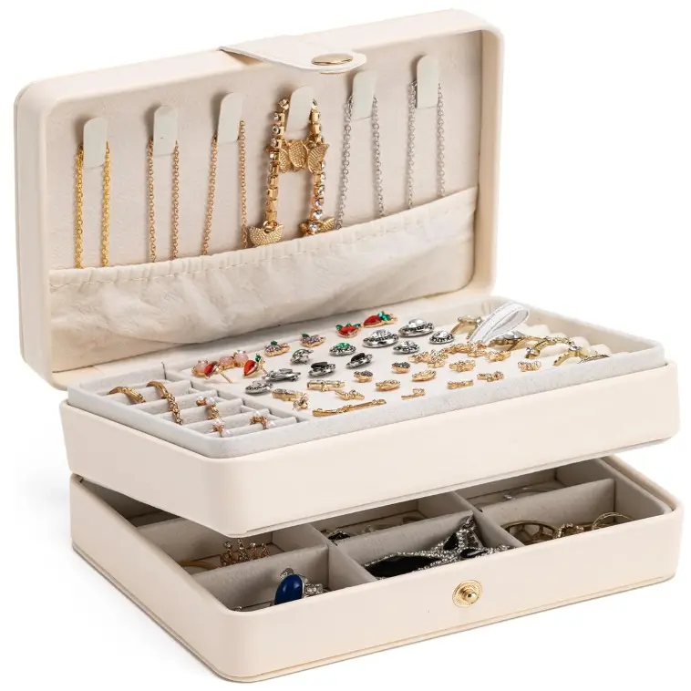 Travel Jewelry Case 2 Layer Large Organizer Box PU Leather Portable Display Holder for Earrings Necklaces Bracelets Rings