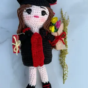 Graduation Crochet Doll Gift - Handmade Doll in Black and Red Graduation Outfit with Flower Bouquet