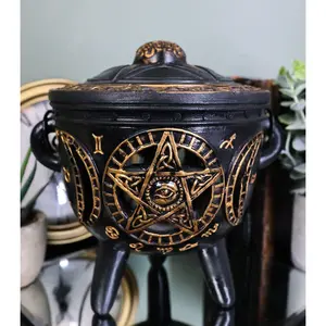 Celtic Wicca Black Magic Occult All Seeing Eye Pentagram LED Cauldron Figurine