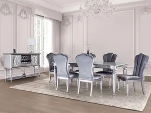 FM3416SV-T-7PC 7 pc Hannoria silver finish wood turned fluted leg dining table set light grey chairs