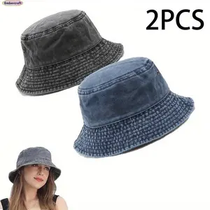 Unisex 2PCS Vintage Washed Cotton Bucket Hat, Foldable Lightweight Cap, Casual Retro Fisherman Hat for Travel, Beach Daily Wear,summervibes