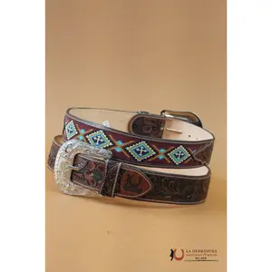 LA HERRADURA AZTEC BROWN AND BURGANDY HANDTOOLED 2 INCH BELT