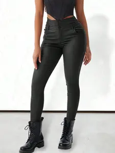 Apperloth Studio Women Street Style High Waist PU Leather Straight Legs Pants Trousers