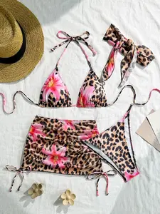 Women's Floral & Leopard Print Bikini Set, Casual Fashion Chic Swimsuit Set for Beach Holiday Vacation, Ladies Swimwear for Summer, Bathing Suits, Flower Print Bikini, Floral Print Bikinis