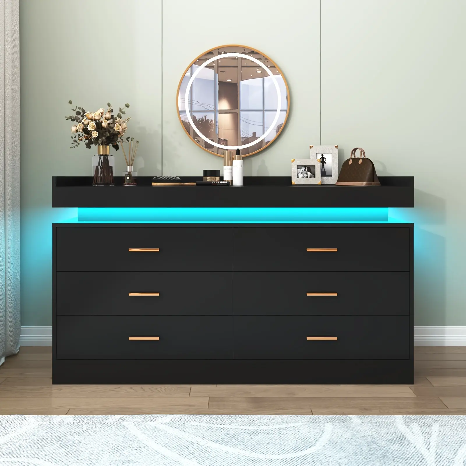 Home Essentials 46'' 6 Drawer Dresser with LED Light, Modern Chest of Drawers for Closet, Wide Drawer Organizer Cabinet for Bedroom, Living Room, Entryway, Hallway