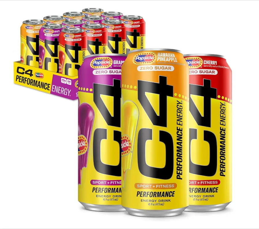 C4 Energy Drink x Popsicle Variety Pack, Carbonated Sugar Free Pre Workout Performance Drink with no Artificial Colors or Dyes, 3 Flavors - Grape, Hawaiian Pineapple, and Cherry, 16 Oz, Pack of 12