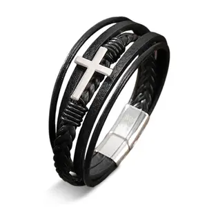 HYmoso Brown Leather Magnetic Clasp Bracelet Multi-Layer Handmade Braided Silver Cross Religious Confirmation Decorate Gifts for Men Women, Halloween birthday gift,Christmas Gift